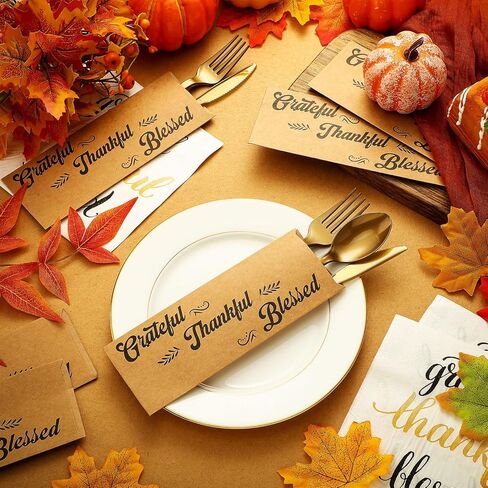 Colarr 100 Pcs Thanksgiving Fall Disposable Napkins Paper and Thankful Grateful Blessed Silverware Bags, Silverware Sleeves Cutlery Thanksgiving Utensil Holder for Dinner Table Decorations in Kuwait