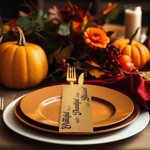 Colarr 100 Pcs Thanksgiving Fall Disposable Napkins Paper and Thankful Grateful Blessed Silverware Bags, Silverware Sleeves Cutlery Thanksgiving Utensil Holder for Dinner Table Decorations in Kuwait
