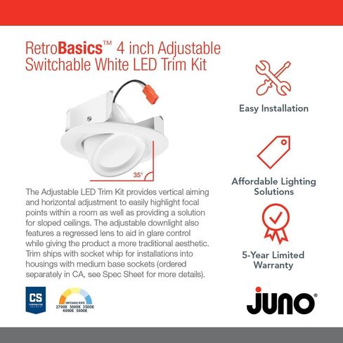 مجموعة أدوات Juno RB56A SWW5 MW M6 RetroBasics القابلة للتعديل LED للإضاءة السفلية، حاجز، قابل للتحويل CCT 2700K، 3000K، 3500K، 4000K، 5000K، أبيض غير لامع، من 5 بوصات إلى 6 بوصات in Saudi Arabia