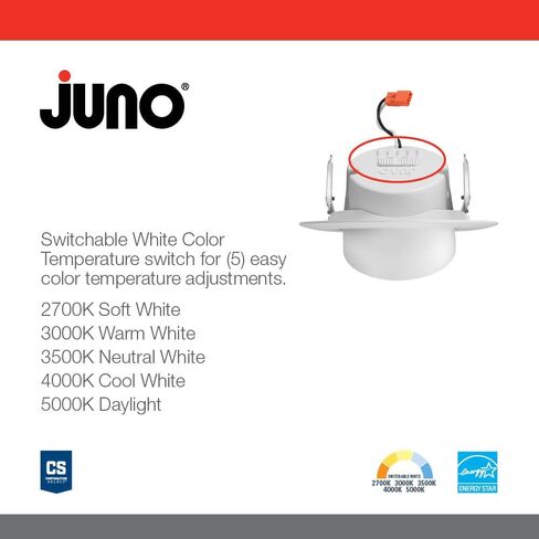 مجموعة أدوات Juno RB56A SWW5 MW M6 RetroBasics القابلة للتعديل LED للإضاءة السفلية، حاجز، قابل للتحويل CCT 2700K، 3000K، 3500K، 4000K، 5000K، أبيض غير لامع، من 5 بوصات إلى 6 بوصات in Saudi Arabia