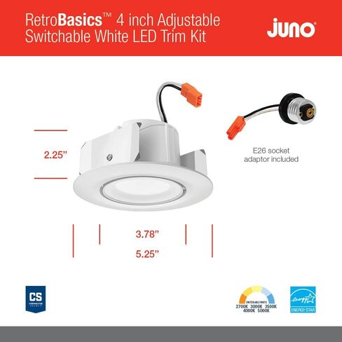مجموعة أدوات Juno RB56A SWW5 MW M6 RetroBasics القابلة للتعديل LED للإضاءة السفلية، حاجز، قابل للتحويل CCT 2700K، 3000K، 3500K، 4000K، 5000K، أبيض غير لامع، من 5 بوصات إلى 6 بوصات in Saudi Arabia