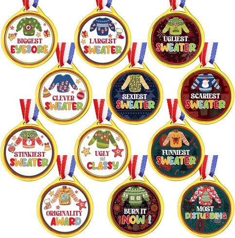 48 قطعة من Remuuly سترة قبيحة لعيد الميلاد وميدالية وكأس عيد الميلاد القبيحة سترة مسابقة جوائز ميدالية مع شريط للرقبة و48 قطعة من ملصقات سترة قبيحة لحفلات العطلات in Kuwait
