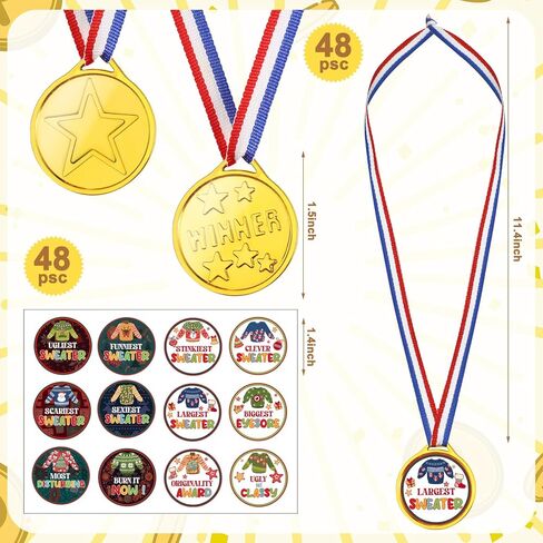 48 قطعة من Remuuly سترة قبيحة لعيد الميلاد وميدالية وكأس عيد الميلاد القبيحة سترة مسابقة جوائز ميدالية مع شريط للرقبة و48 قطعة من ملصقات سترة قبيحة لحفلات العطلات in Kuwait