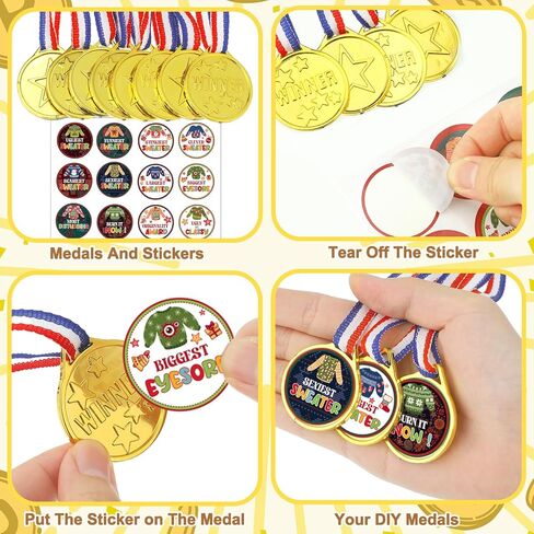 48 قطعة من Remuuly سترة قبيحة لعيد الميلاد وميدالية وكأس عيد الميلاد القبيحة سترة مسابقة جوائز ميدالية مع شريط للرقبة و48 قطعة من ملصقات سترة قبيحة لحفلات العطلات in Kuwait