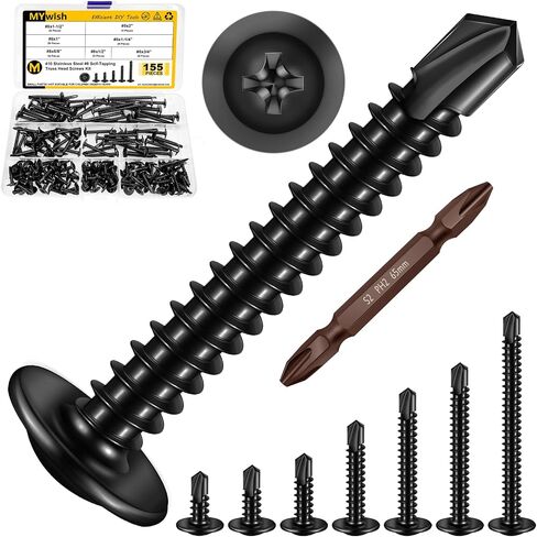 155Pcs Black Self Tapping Screws for Metal #8x1/2, 5/8", 3/4", 1", 1-1/4", 1-1/2", 2", 410 Stainless Steel Truss Head Sheet Metal Screws, Self Drilling Screws for Metal Plastic & Wood by Mywish in Saudi Arabia