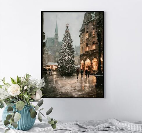 uoyien Vintage Christmas Tree Wall Art Moody Winter Holiday Decor Retro Pine Lighted Landscape Canvas Picture Painting Print Rustic Farmhouse Scene Aesthetic Xmas Room Wall Poster 12x16in Unframed in Kuwait