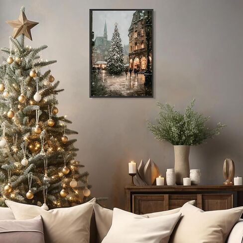 uoyien Vintage Christmas Tree Wall Art Moody Winter Holiday Decor Retro Pine Lighted Landscape Canvas Picture Painting Print Rustic Farmhouse Scene Aesthetic Xmas Room Wall Poster 12x16in Unframed in Kuwait
