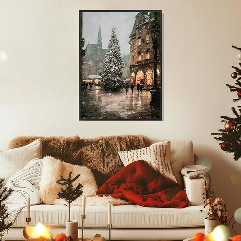 uoyien Vintage Christmas Tree Wall Art Moody Winter Holiday Decor Retro Pine Lighted Landscape Canvas Picture Painting Print Rustic Farmhouse Scene Aesthetic Xmas Room Wall Poster 12x16in Unframed in Kuwait