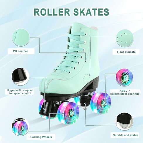 Roller Skates for Women High-top PU Leather Roller Skates Shiny 4 Wheels Roller Skates Green Roller Skates for Adult in Saudi Arabia
