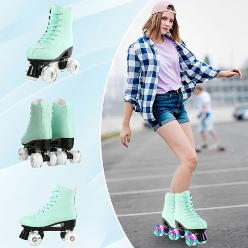 Roller Skates for Women High-top PU Leather Roller Skates Shiny 4 Wheels Roller Skates Green Roller Skates for Adult in Saudi Arabia