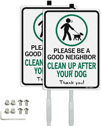 T&R Please Be A Good Neighbor Clean Up After Your Dog Sign with 36" Stake for Outside - 14"x10" .040 Rust Free Heavy Aluminum, Reflective, Waterproof, Weatherproof and Fade Resistant, 6 pre-drilled holes,Includes Matching Screws & Wrench, Easy to Mount in Kuwait
