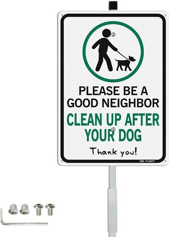 T&R Please Be A Good Neighbor Clean Up After Your Dog Sign with 36" Stake for Outside - 14"x10" .040 Rust Free Heavy Aluminum, Reflective, Waterproof, Weatherproof and Fade Resistant, 6 pre-drilled holes,Includes Matching Screws & Wrench, Easy to Mount in Kuwait