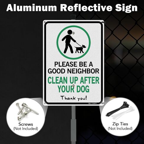 T&R Please Be A Good Neighbor Clean Up After Your Dog Sign with 36" Stake for Outside - 14"x10" .040 Rust Free Heavy Aluminum, Reflective, Waterproof, Weatherproof and Fade Resistant, 6 pre-drilled holes,Includes Matching Screws & Wrench, Easy to Mount in Kuwait