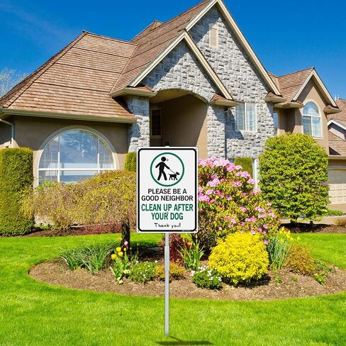 T&R Please Be A Good Neighbor Clean Up After Your Dog Sign with 36" Stake for Outside - 14"x10" .040 Rust Free Heavy Aluminum, Reflective, Waterproof, Weatherproof and Fade Resistant, 6 pre-drilled holes,Includes Matching Screws & Wrench, Easy to Mount in Kuwait