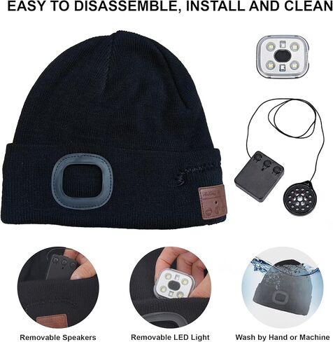 5.2 Bluetooth Beanie with Light, Music Hat with Headphones and Built-in Speaker Mic, USB Rechargeable 4 LED Warm Winter Hat for Fishing Working Jogging, Unique Christmas Birthday Gifts for Dad Mom in Kuwait