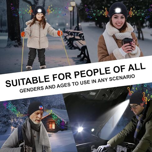 5.2 Bluetooth Beanie with Light, Music Hat with Headphones and Built-in Speaker Mic, USB Rechargeable 4 LED Warm Winter Hat for Fishing Working Jogging, Unique Christmas Birthday Gifts for Dad Mom in Kuwait