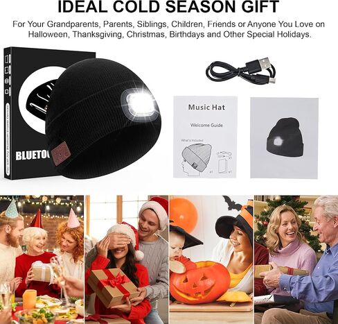 5.2 Bluetooth Beanie with Light, Music Hat with Headphones and Built-in Speaker Mic, USB Rechargeable 4 LED Warm Winter Hat for Fishing Working Jogging, Unique Christmas Birthday Gifts for Dad Mom in Kuwait