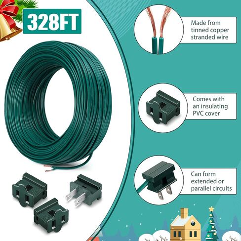 Kanayu SPT-1W 164FT Extension Hookup Electrical Wire 18/1 Zip Cord with 8 Additional Vampire Plugs Stranded Wire for Outdoor Stranded Copper Wire Landscape Lighting Christmas (Green) in Kuwait