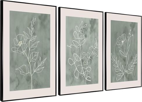 3Pcs Sage Green Botanical Wall Art Line Drawing Floral Canvas Poster Prints Modern Abstract Minimalist Picture Neutral Boho Artwork Simple Painting Wall Decor for Living Room Bedroom 12x16in Framed in Saudi Arabia