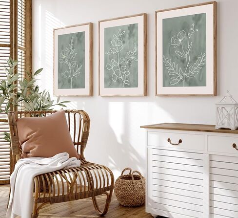 3Pcs Sage Green Botanical Wall Art Line Drawing Floral Canvas Poster Prints Modern Abstract Minimalist Picture Neutral Boho Artwork Simple Painting Wall Decor for Living Room Bedroom 12x16in Framed in Saudi Arabia