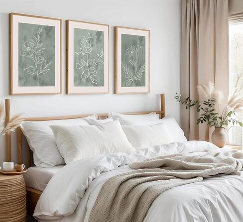 3Pcs Sage Green Botanical Wall Art Line Drawing Floral Canvas Poster Prints Modern Abstract Minimalist Picture Neutral Boho Artwork Simple Painting Wall Decor for Living Room Bedroom 12x16in Framed in Saudi Arabia