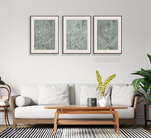 3Pcs Sage Green Botanical Wall Art Line Drawing Floral Canvas Poster Prints Modern Abstract Minimalist Picture Neutral Boho Artwork Simple Painting Wall Decor for Living Room Bedroom 12x16in Framed in Saudi Arabia