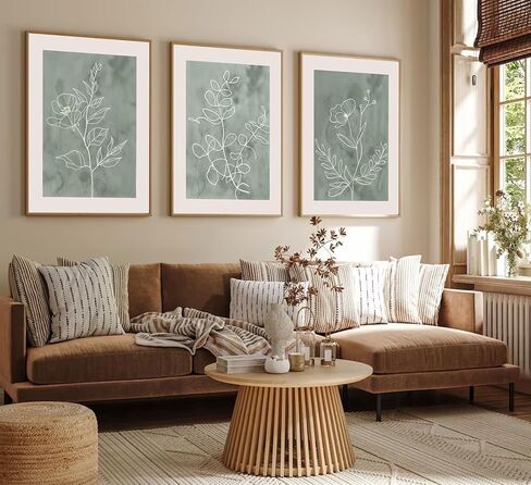 3Pcs Sage Green Botanical Wall Art Line Drawing Floral Canvas Poster Prints Modern Abstract Minimalist Picture Neutral Boho Artwork Simple Painting Wall Decor for Living Room Bedroom 12x16in Framed in Saudi Arabia