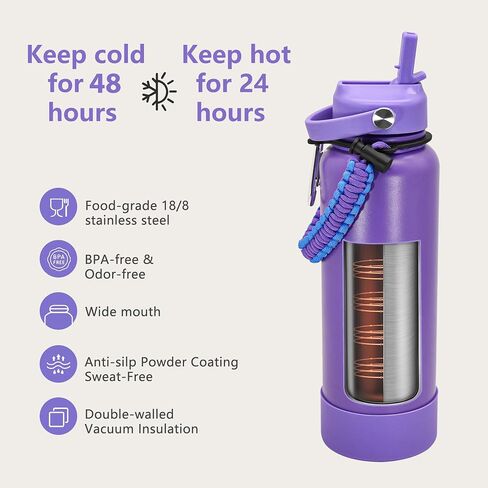 40 oz Insulated Water Bottle with Straw, Stainless Steel Vacuum Thermo Metal Sports Water Bottle Hydro Cup Flask with Spout Lids & DIY Stickers, Cold 48H Hot 24H for Hiking Sport Dark Purple in Saudi Arabia