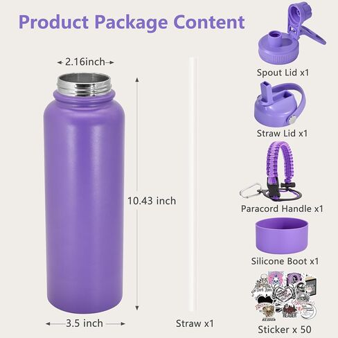 40 oz Insulated Water Bottle with Straw, Stainless Steel Vacuum Thermo Metal Sports Water Bottle Hydro Cup Flask with Spout Lids & DIY Stickers, Cold 48H Hot 24H for Hiking Sport Dark Purple in Saudi Arabia