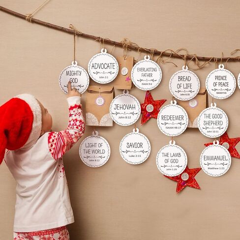 Jetec Names of Jesus Ornaments Christ Christmas Decorations Nativity Set Xmas Round Wood Hanging Ornaments with Savior Names Christmas Tree Hanging Name Tag for Church Home(White, 24 Pieces) in Saudi Arabia