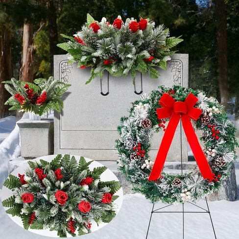 4 Pcs Christmas Artificial Cemetery Flowers Decorations Christmas Grave Wreath with Stand Flower Saddles for Headstone Memorial Bouquets with Vase Xmas Outdoor Decor(Multicolor,Classic) in Saudi Arabia