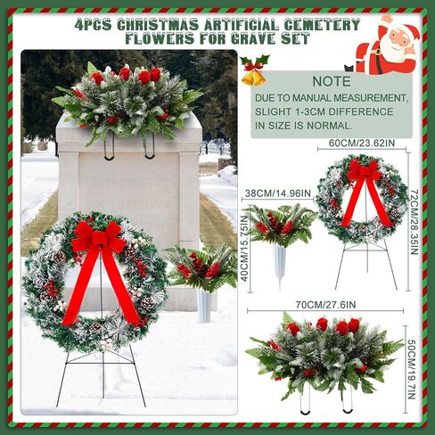 4 Pcs Christmas Artificial Cemetery Flowers Decorations Christmas Grave Wreath with Stand Flower Saddles for Headstone Memorial Bouquets with Vase Xmas Outdoor Decor(Multicolor,Classic) in Saudi Arabia