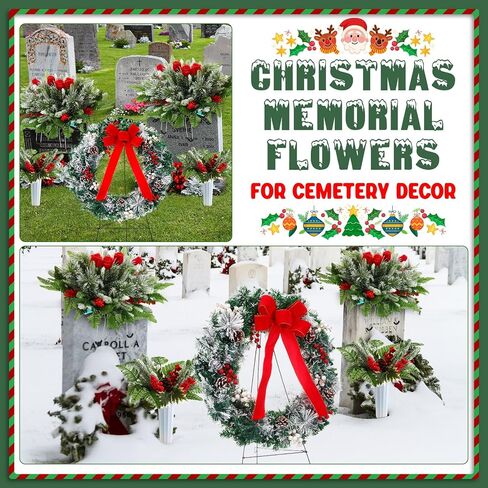 4 Pcs Christmas Artificial Cemetery Flowers Decorations Christmas Grave Wreath with Stand Flower Saddles for Headstone Memorial Bouquets with Vase Xmas Outdoor Decor(Multicolor,Classic) in Saudi Arabia