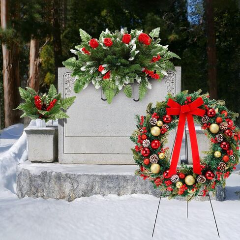 4 قطع من زهور المقبرة الاصطناعية لعيد الميلاد إكليل قبر عيد الميلاد مع سروج زهرة حامل لباقات تذكارية مع مزهرية ديكور خارجي لعيد الميلاد (متعدد الألوان، كلاسيكي) in Kuwait