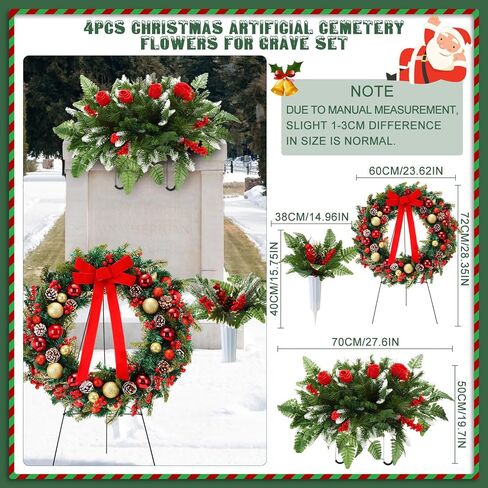 4 قطع من زهور المقبرة الاصطناعية لعيد الميلاد إكليل قبر عيد الميلاد مع سروج زهرة حامل لباقات تذكارية مع مزهرية ديكور خارجي لعيد الميلاد (متعدد الألوان، كلاسيكي) in Kuwait