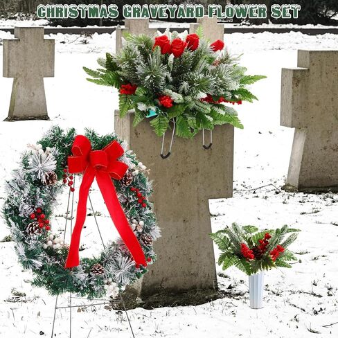 4 Pcs Christmas Artificial Cemetery Flowers Decorations Christmas Grave Wreath with Stand Flower Saddles for Headstone Memorial Bouquets with Vase Xmas Outdoor Decor(Multicolor,Classic) in Saudi Arabia