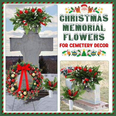 4 قطع من زهور المقبرة الاصطناعية لعيد الميلاد إكليل قبر عيد الميلاد مع سروج زهرة حامل لباقات تذكارية مع مزهرية ديكور خارجي لعيد الميلاد (متعدد الألوان، كلاسيكي) in Kuwait