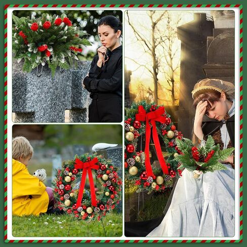 4 قطع من زهور المقبرة الاصطناعية لعيد الميلاد إكليل قبر عيد الميلاد مع سروج زهرة حامل لباقات تذكارية مع مزهرية ديكور خارجي لعيد الميلاد (متعدد الألوان، كلاسيكي) in Kuwait