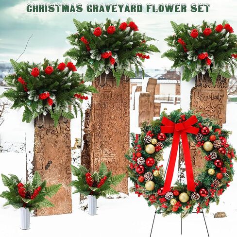 4 قطع من زهور المقبرة الاصطناعية لعيد الميلاد إكليل قبر عيد الميلاد مع سروج زهرة حامل لباقات تذكارية مع مزهرية ديكور خارجي لعيد الميلاد (متعدد الألوان، كلاسيكي) in Kuwait