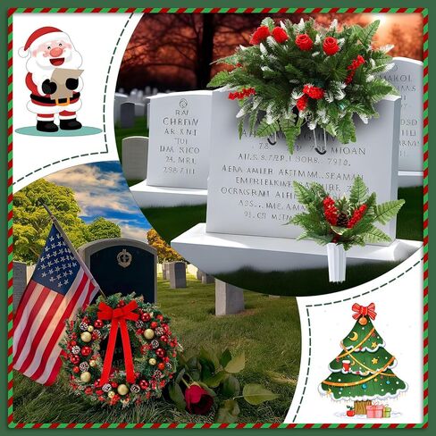 4 قطع من زهور المقبرة الاصطناعية لعيد الميلاد إكليل قبر عيد الميلاد مع سروج زهرة حامل لباقات تذكارية مع مزهرية ديكور خارجي لعيد الميلاد (متعدد الألوان، كلاسيكي) in Kuwait