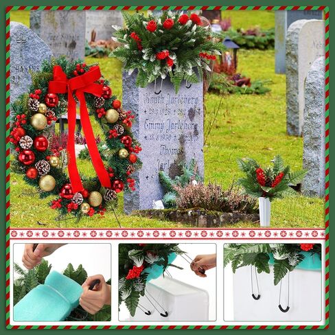4 قطع من زهور المقبرة الاصطناعية لعيد الميلاد إكليل قبر عيد الميلاد مع سروج زهرة حامل لباقات تذكارية مع مزهرية ديكور خارجي لعيد الميلاد (متعدد الألوان، كلاسيكي) in Kuwait