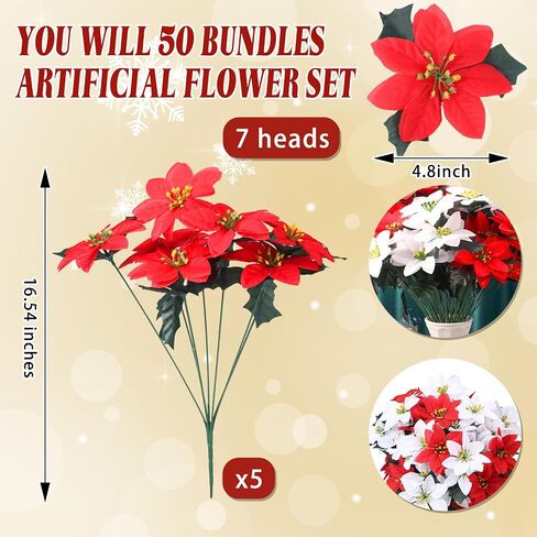 Tigeen 50 Pcs Christmas Artificial Poinsettia Flowers 7 Heads Faux Poinsettia Bush Bouquets Artificial Poinsettia for Outdoor Cemetery Xmas Wreath Wedding Garden Decorations (Red and White) in Saudi Arabia
