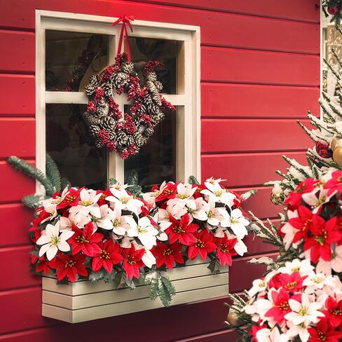 Tigeen 50 Pcs Christmas Artificial Poinsettia Flowers 7 Heads Faux Poinsettia Bush Bouquets Artificial Poinsettia for Outdoor Cemetery Xmas Wreath Wedding Garden Decorations (Red and White) in Saudi Arabia
