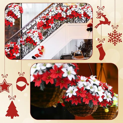 Tigeen 50 Pcs Christmas Artificial Poinsettia Flowers 7 Heads Faux Poinsettia Bush Bouquets Artificial Poinsettia for Outdoor Cemetery Xmas Wreath Wedding Garden Decorations (Red and White) in Saudi Arabia