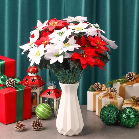 Tigeen 50 Pcs Christmas Artificial Poinsettia Flowers 7 Heads Faux Poinsettia Bush Bouquets Artificial Poinsettia for Outdoor Cemetery Xmas Wreath Wedding Garden Decorations (Red and White) in Saudi Arabia