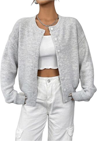 GORGLITTER Women's Button Down Drop Shoulder Pastel Knit Cardigan Open Front Cute Long Sleeve Sweater in Saudi Arabia