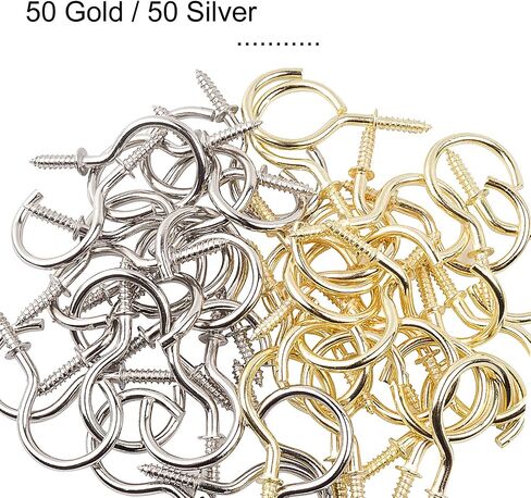 Aylifu Small Screw-in Ceiling Hooks, 100 Pieces Metal Cup Hooks 37mm / 1.45in Wall Hanging Hooks Mug Hooks Holder for Coffee Tea Cups, Plant, Light - Silver and Gold Color in Saudi Arabia