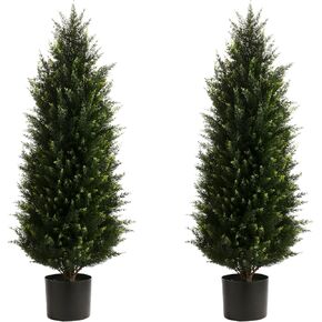 Two Pack 5ft Artificial Cedar Topiary Trees, Outdoor Artificial Plants for Front Porch Décor, Artificial Shrubs Fake Plants UV Resistant Bushes Potted Plants for Outdoor, Indoor, Front Door, Offices