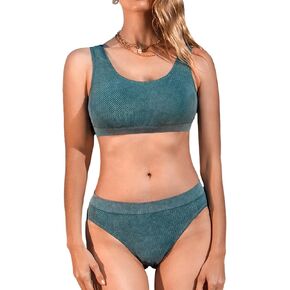 CUPSHE Women's Bikini Sets Two Piece Swimsuit Tank Top Scoop Neck Mid Rise Seamless Ribbed Wide Straps Cheeky Bottom