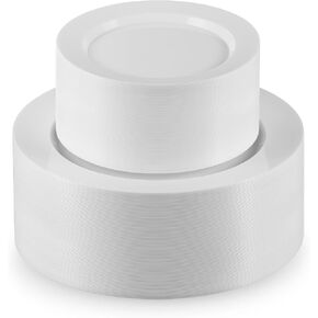 Munfix 100 White Plastic Plates Set, 50 Pcs 10 Inch Plastic Dinner Plates and 50 Pcs 7 Inch Plastic Dessert Plates, Elegant Fancy Heavy Duty Disposable Plates for Party, Wedding, White